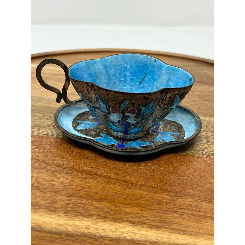 Vintage Cloisonne Teacup Saucer Blue Floral Metal‎ Trinket Dish